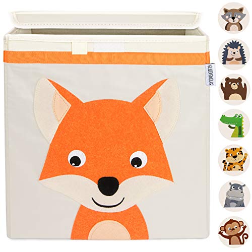 GLÜCKSWOLKE Aufbewahrungsbox Kinder - 15 Motive, Spielzeug Kiste mit Deckel, Spielzeugbox (33x33x33) zur Aufbewahrung im Kallax Regal, Waldtiere Motiv Fuchs für Kinderzimmer (Willi Wildfuchs) von GLÜCKSWOLKE