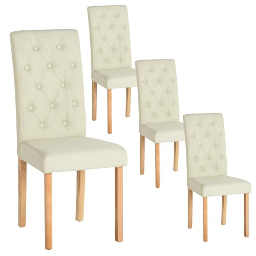 GOKHOMX Esszimmerstühle, 4 Stück, beige, aus Leinenstoff, modische Wohnzimmerstühle mit Nieten, Knopfpolsterung, Füße aus Massivholz von GOKHOMX