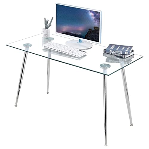 GOLDFAN Schreibtisch Glas Bürotisch Computertisch Arbeitstisch Eckschreibtisch Rechteckiger Tisch mit Silber Metallbeine von GOLDFAN