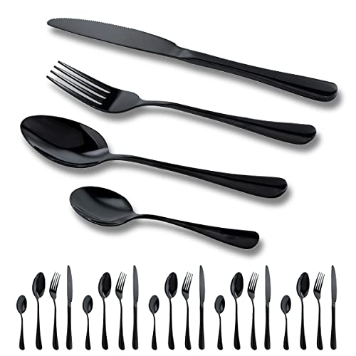 Schwarz Besteck Set 6 Personen,24 Teilig Besteckset，Inkl Messer,Gabel LöFfel Und DessertlöFfel,Besteck Edelstahl Spiegelpoliert SpüLmaschinenfest,Schwarzes Matt Farbe von GOODFEER