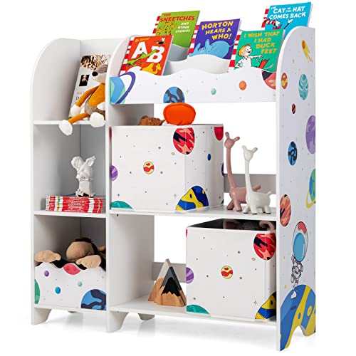 GOPLUS 3-stöckiges Kinder-Bücherregal & Spielzeug-Organizer mit 3 Bücherfächern & 2 Aufbewahrungsboxen, freistehender Kinder-Aufbewahrungsschrank für Spielzimmer, Kinderzimmer (Astronauten) von GOPLUS