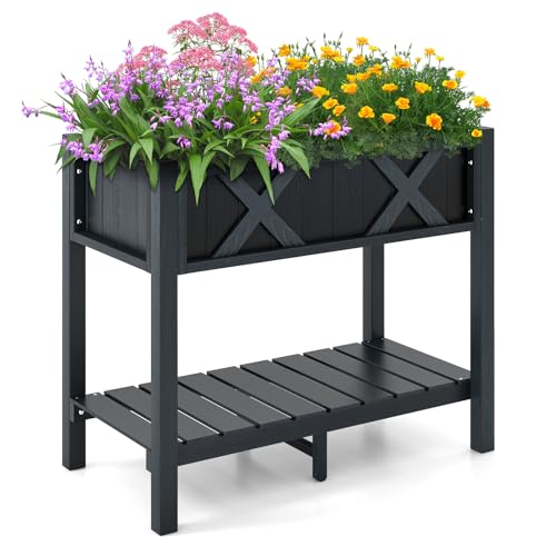 GOPLUS Hochbeet mit Ablage, Erhöhtes Gartenbeet mit Abflusslöchern, Pflanzkasten wetterbeständig, Kräuterbeet Pflanzbeet für Garten & Terrasse, 86 x 45 x 73 cm von GOPLUS