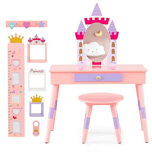 GOPLUS Kinder Schminktisch mit Spiegel, Prinzessin Frisiertisch mit Wachstumstabelle, Türhänger, Kleiderhaken & Wandregal, Kosmetiktisch Holz mit Hocker, Mädchen von GOPLUS