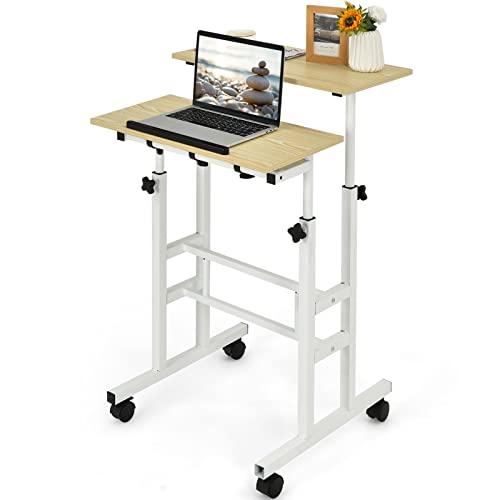 GOPLUS Mobiler Laptoptisch, Sit-Stand Arbeitstisch mit Rollen, höhenverstellbarer Stehtisch, Schreibtisch zum Stehpult für Notebook&Beamer, Präsentationswagen, für Zuhause&Büro (Natur) von GOPLUS