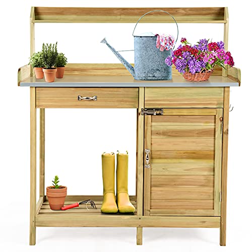 GOPLUS Pflanztisch mit Unterschrank & Schublade, Gärtnertisch mit verzinkter Arbeitsplatte & Ablagen & 3 Haken, Gartentisch aus Tannenholz, Blumentisch für Garten, Terrasse, 112 x 46 x 125 cm, Natur GOPLUS Pflanztisch mit Unterschrank & Schublade, Gärtnertisch mit verzinkter Arbeitsplatte & Ablagen & 3 Haken, Gartentisch aus Tannenholz, Blumentisch für Garten, Terrasse, 112 x 46 x 125 cm, Natur von GOPLUS