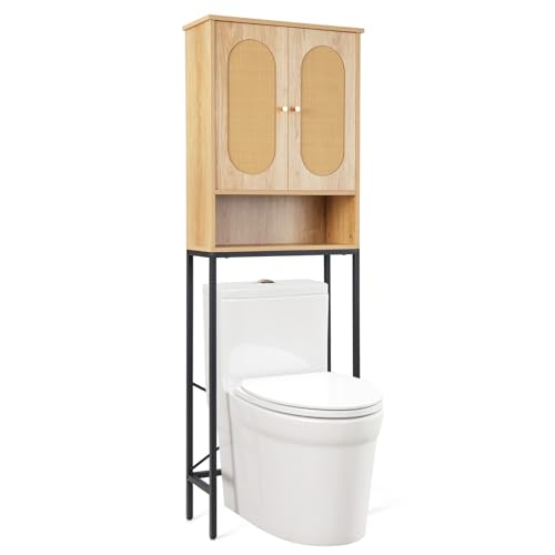 GOPLUS Toilettenregal, Badezimmerregal mit 5 Fächern, Regal, Rattantüren &verstellbaren Fußpolstern, Toilettenschrank Badezimmerschrank über der Toilette für Bad &Waschküche, 60 x 25 x 175 cm von GOPLUS