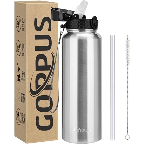 GOPPUS 1.2L/40oz Edelstahl Wasserflasche mit Strohhalm 1.2 Liter Heiße Thermosflasche Doppelwandige Stahl Wasserflaschen Isolierte Wasserflaschen Auslaufsichere Kalte Wasserflasche Erwachsene Flip Top von GOPPUS