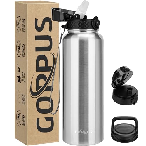 GOPPUS 1.2L/40oz Edelstahl Wasserflasche mit Strohhalm 1.2 Liter Heiße Thermosflasche Doppelwandige Stahl Wasserflaschen Isolierte Wasserflaschen Auslaufsichere Kalte Wasserflasche Erwachsene Flip Top von GOPPUS