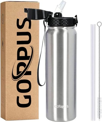 GOPPUS 1L/32oz Thermosflasche mit Strohhalm Doppelschicht Edelstahl Trinkflasche 1 Liter Isolierflasche Auslaufsicher Sport Wasserflasche Kohlensäure Water Bottle Trinkflaschen BPA-frei Wasser Flasche von GOPPUS