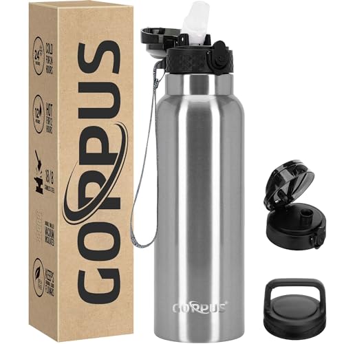 GOPPUS 750ml/24oz Edelstahl-Wasserflasche mit Strohhalm 0,75 Liter Heißwasserflasche Doppelwandige Stahlwasserflaschen Isolierte Wasserflaschen Auslaufsichere Kaltwasserflasche Erwachsene von GOPPUS