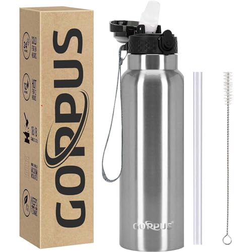 GOPPUS 750ml/24oz Edelstahl-Wasserflasche mit Strohhalm 0,75 Liter Heißwasserflasche Doppelwandige Stahlwasserflaschen Isolierte Wasserflaschen Auslaufsichere Kaltwasserflasche Erwachsene von GOPPUS