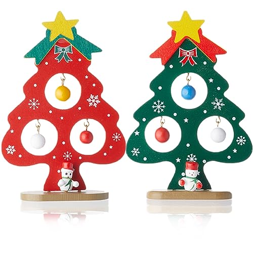 GORGECRAFT 2 Sets Miniatur-Weihnachtsbaumdekoration Aus Holz Grün Rot Mini-Weihnachtsbaum Mit Hängendem Ornament Schneeflocken-Schleifenmuster Schneemann-Dekoration Basisbäume Modell Weihnachtsfeier von GORGECRAFT