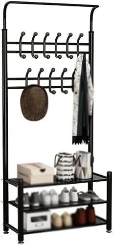 GPECTIFO Garderobenständer mit 3 Schuhregalen mit 22 Haken, Rohrdurchmesser 32 mm, Metall-Kleiderständer, Schuhregal, weiß/schwarz (Color : Black) von GPECTIFO