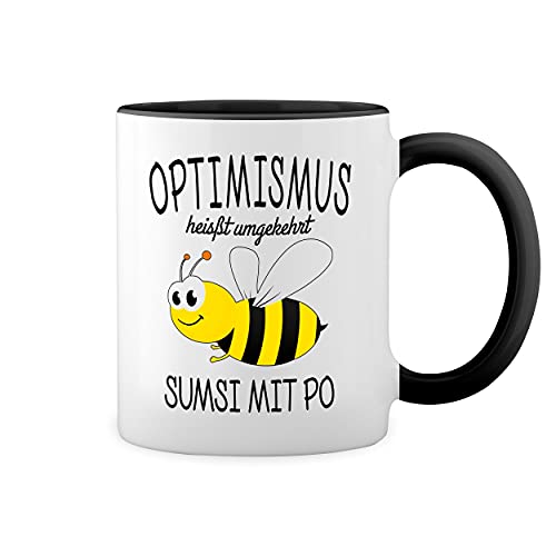 Optimismus Sumsi mit Po Imker Bienen Honig Lustiges Weiße Tasse Mug mit schwarzen Felgen & Griff von GR8Shop