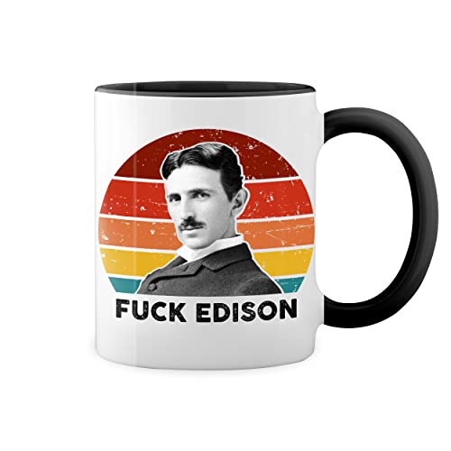 retro Fuck Edison Tesla Lover Weiße Tasse Mug mit schwarzen Felgen & Griff von GR8Shop