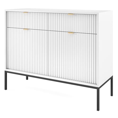 GRAINGOLD Kommode Amber Weiß T39 x B104 x H83 cm im modernen Stil – Sideboard für Schlafzimmer, Wohnzimmer, Diele – Eleganter Schrank mit Fächern, hohe Metallbeine – Standschrank von GRAINGOLD