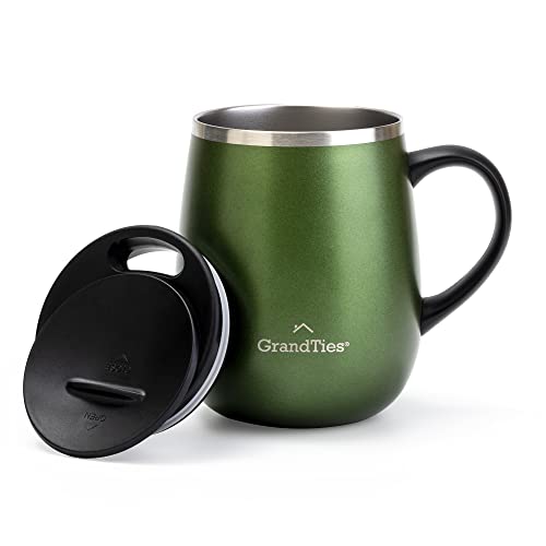 GRANDTIES Isolierter Kaffeebecher mit Griff – Schiebedeckel für spritzwassergeschützte 473 ml -Form Thermosbecher mit doppelwandigem Vakuum-Edelstahl, hält Getränke heiß & kalt – grün metallic von GRANDTIES