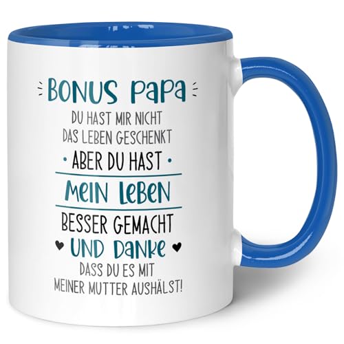 Bedruckte Tasse mit Spruch - Bonus Eltern - Vatertagsgeschenke für Papa - Muttertagsgeschenke für Mama - Geschenk für Mama und Papa zum Vatertag Muttertag Geburtstag und Weihnachten - Blau von GRAVURZEILE