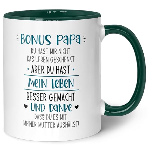 Bedruckte Tasse mit Spruch - Bonus Eltern - Vatertagsgeschenke für Papa - Muttertagsgeschenke für Mama - Geschenk für Mama und Papa zum Vatertag Muttertag Geburtstag und Weihnachten - Dunkelgrün von GRAVURZEILE