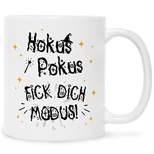 Bedruckte Tasse mit Spruch - Hokus Pokus Fick dich Modus - Lustige Geschenke - für Freunde Kollege Kollegin zum Geburtstag Valentinstag Weihnachten - Geschenkidee für Sie & Ihn - Farbe: Weiß von GRAVURZEILE