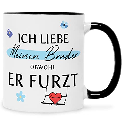 Bedruckte Tasse mit Spruch - Ich liebe meinen Bruder obwohl er furzt - Witzige Lustige Geschenke - Geschenk für den besten Bruder zum Geburtstag Weihnachten - Farbe Schwarz & Weiß von GRAVURZEILE