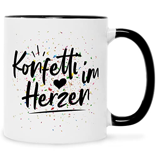 Bedruckte Tasse mit Spruch - Konfetti im Herzen - Lustige Geschenke - Geschenk für Mama Papa Freunde Geburtstag Karneval Party Weihnachten - für Männer & Frauen - für Sie & Ihn - Farbe: Schwarz & Weiß von GRAVURZEILE