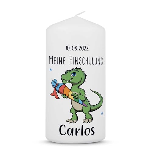 GRAVURZEILE Bedruckte Kleine Kerze - Einschulungskerze Dino - Personalisiert mit Name & Datum - brilliant bedruckte Kerze zur Einschulung - Geschenk zum Schulanfang - Farbe Grün von GRAVURZEILE