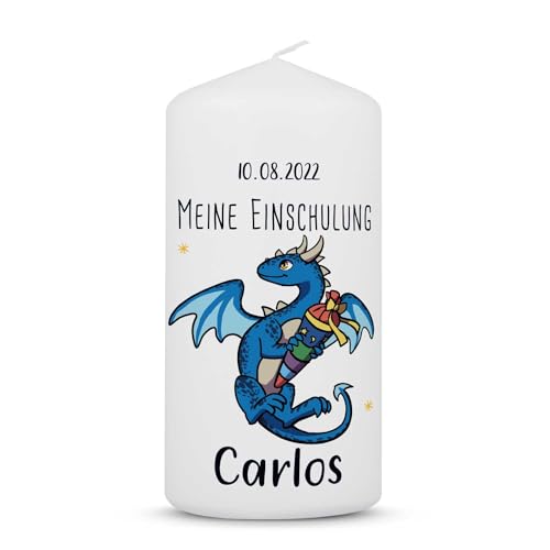 GRAVURZEILE Bedruckte Kleine Kerze - Einschulungskerze Drache - Personalisiert mit Name & Datum - brilliant bedruckte Kerze zur Einschulung - Geschenk zum Schulanfang - Farbe Blau von GRAVURZEILE