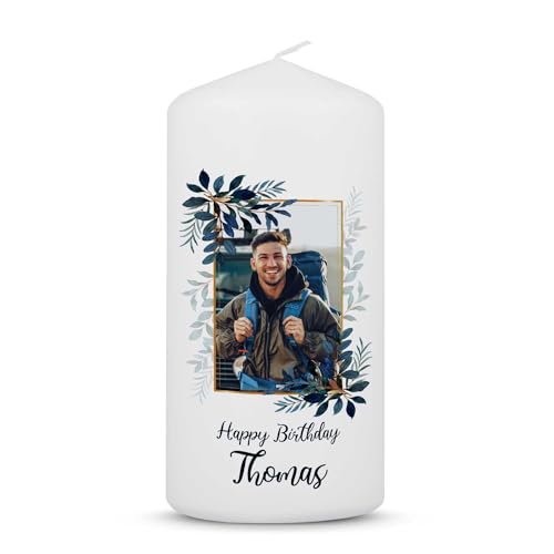 GRAVURZEILE Bedruckte Kleine Kerze - Geburtstagskerze Happy Birthday Foto - Personalisiert mit Name & eigenem Foto - brilliant bedruckte Kerze zum selbst gestalten - Farbe Blau von GRAVURZEILE