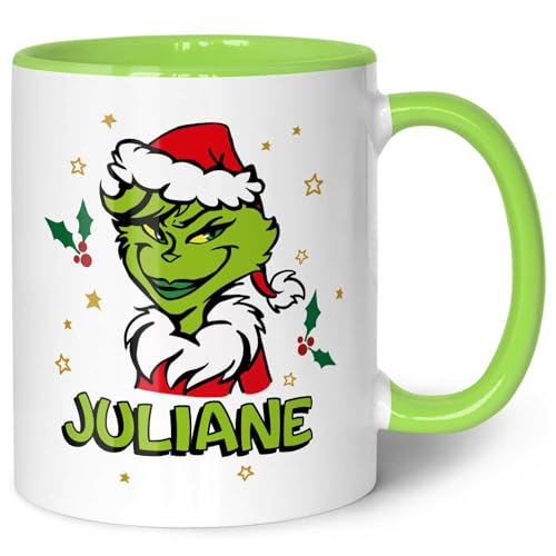 GRAVURZEILE Bedruckte Tasse - Weiblicher Grinch - Personalisiert mit Namen - Spülmaschinenfest & Mikrowelle geeignet - Weihnachtstasse als Geschenk für Sie & Ihn zu Weihnachten - Grinch Frau Grün von GRAVURZEILE