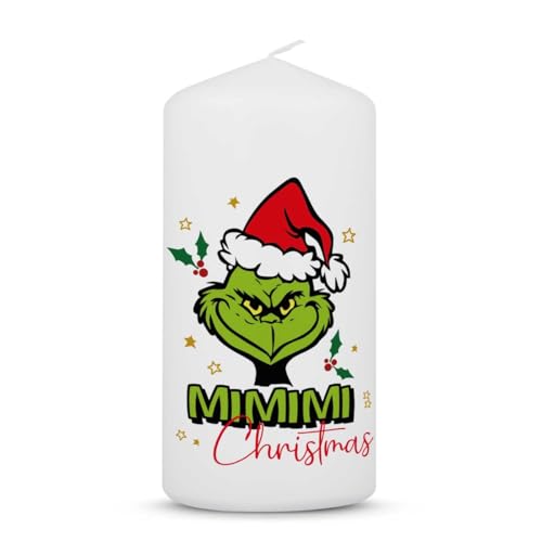 GRAVURZEILE Bedruckte kleine Kerze - Grinch Mimimi - festliche Tischdekoration mit frechem Motiv - Geschenk zu Weihnachten für Sie & Ihn - Hochwertige Stumpenkerze Weiß - 120/58 mm von GRAVURZEILE