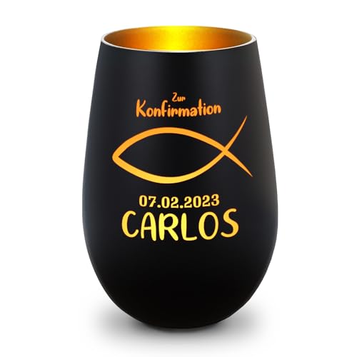 GRAVURZEILE Deko Windlicht aus Glas mit Gravur - Fisch - Zur Kommunion Konfirmation & Taufe - Personalisiert mit Anlass Name Datum - Personalisierte Geschenke für Mädchen & Jungen - Schwarz/Gold von GRAVURZEILE