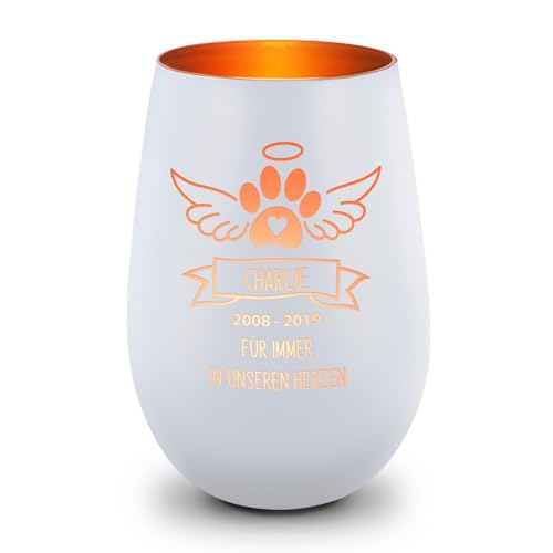 GRAVURZEILE Deko Windlicht aus Glas mit Gravur - Pfotenengel - Personalisiert mit Namen & Datum - Haustier Trauerlicht für Hund und Katze - Grabschmuck zur Beerdigung oder Andenken - Weiß/Bronze von GRAVURZEILE