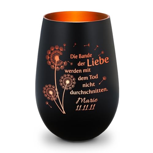 GRAVURZEILE Deko Windlicht aus Glas mit Gravur - Pusteblumen - Personalisiert mit Namen & Datum - Trauerlicht für Teelichter und Kerzen - Grabschmuck zur Beerdigung oder als Andenken - Schwarz/Bronze von GRAVURZEILE