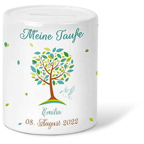 GRAVURZEILE Spardose für Kinder - im Lebensbaum Design - Personalisiert mit Name & Datum - Geschenk für Jungen & Mädchen zum Geburtstag Kommunion Geburt Einschulung Weihnachten - Farbe Grün von GRAVURZEILE