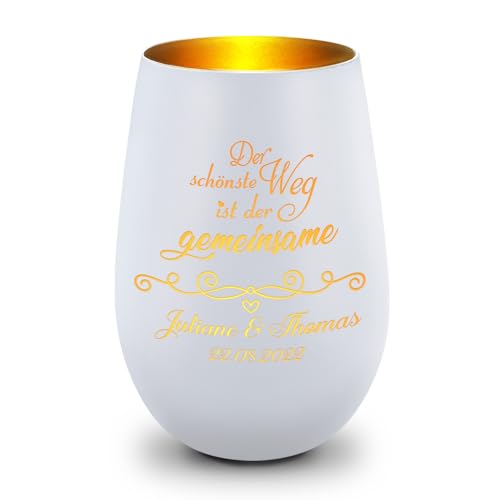 GRAVURZEILE Deko Windlicht aus Glas mit Gravur - Der schönste Weg ist der gemeinsame - Personalisiert mit Namen & Datum - Persönliche Geschenke zur Hochzeit Verlobung für Sie & Ihn - Weiß/Gold von GRAVURZEILE