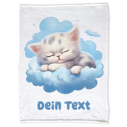 GRAZDesign Babydecke mit Namen personalisiert Katze auf Wolke blau flauschig, Baby Kuscheldecke zur Geburt, Geburtstag, Weihnachten 100x75cm - Fleecedecke von GRAZDesign