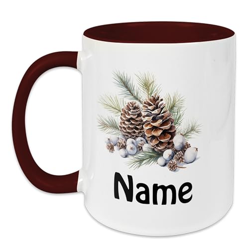 GRAZDesign Weihnachtstasse Tannenzapfen mit Namen personalisiert, Kaffeetasse zur Weihnachten mit Dunkelrot Keramik - 330ml / Tannenzapfen von GRAZDesign