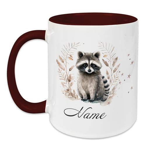 GRAZDesign Weihnachtstasse Waschbär mit Namen personalisiert, Kaffeetasse zur Weihnachten mit Dunkelrot Keramik - 330ml / Waschbär von GRAZDesign