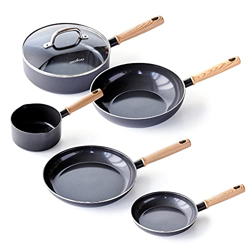 GREENCHEF Pfanne Bratpfanne Induktion Keramik Beschichtet - 20 cm + 28 cm, Grau + Kochtopf - 16 cm/1.6L, Grau + Wokpfanne - 28 cm, Grau + Bratpfanne - 24 cm/3.1L, Grau von GreenChef