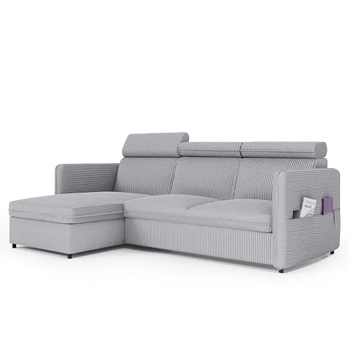 Ecksofa Beni mit Schlaffunktion Sofa mit Relaxfunktion und Kopfstützen Couch Sofa mit Schlaffunktion und Bettkasten Schlafsofa Polsterecke Couchgarnitur Ecke Bettcouch - Universal (Poso 110 Hellgrau) von GREKPOL