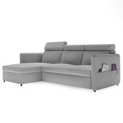 Ecksofa Beni mit Schlaffunktion Sofa mit Relaxfunktion und Kopfstützen Couch Sofa mit Schlaffunktion und Bettkasten Schlafsofa Polsterecke Couchgarnitur Ecke Bettcouch - Universal (Soro 90 Hellgrau) von GREKPOL