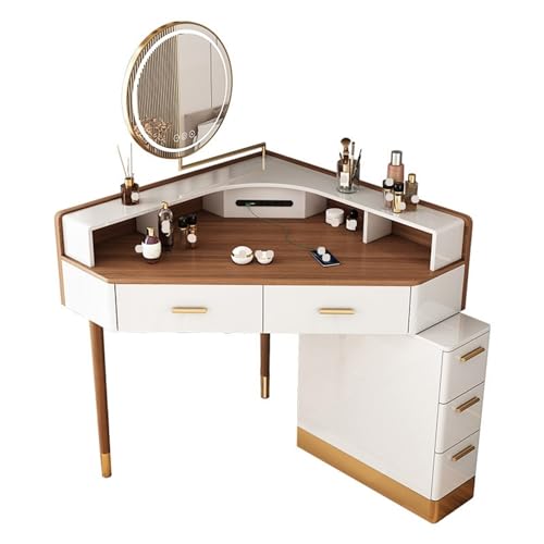 GRFIT schminktisch Moderner Eck-Waschtisch, große Eckkommode mit Schrank und drehbarem Spiegel, Schminktisch mit Schubladen und Nachttisch, brauner Schreibtisch Kommode für Schlafzimmer von GRFIT