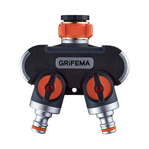 GRIFEMA 2-Wege-Verteiler, 3/4 Zoll und 1/2 Zoll Wasseranschluss Verteiler, 2 Geräte Können Gleichzeitig Verbunden Werden, Einstellbarer Wasserdurchfluss, Orange / Schwarz von GRIFEMA