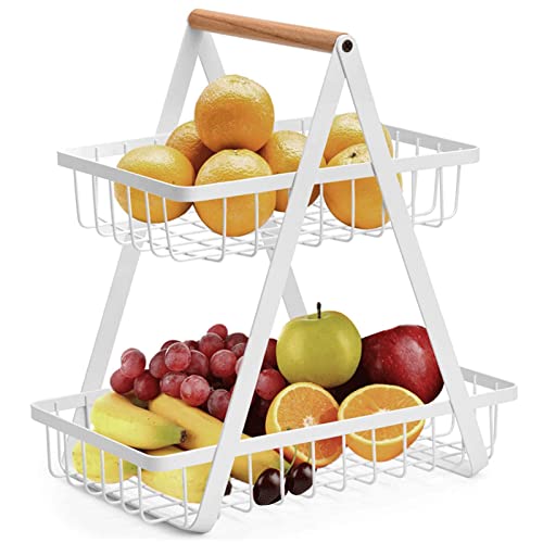 2-stöckiger Obstkorb, 30CM Obsthalter für Obst Brotkorb Gemüseregal, Obst Schüssel, Gemüsegestell, Obst Gemüse Brot Snacks Korb (Weiß, Quadrat) von GSHUR