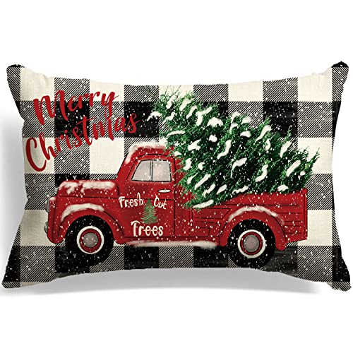 GTEXT Weihnachts-Kissenbezug, Bauernhaus, Weihnachts-Kissenbezug, roter LKW mit Plaids, Hintergrund, Kissenbezug, Leinen, 50,8 x 30,5 cm von GTEXT