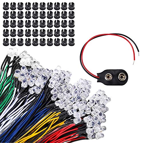 GTIWUNG 50Pcs Vorverdrahtete LED, Dioden Licht, 12V vorverdrahtetes Licht, 5mm LEDs mit 20cm Kabel(5 Farben, Jeder 10PCS）+ 50Pcs 5mm LED Montageringe Plastik+10Pcs 15cm 9V I-Typ Batterie Clip von GTIWUNG