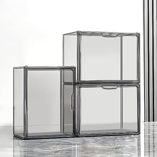 GUDEMAY Grau Transparente stapelbare Kunststoffboxen mit magnetischem Verschluss - Staubdichte Aufbewahrung Vitrine Schaukasten Ideal für Figur, Bücher, Kosmetik, Schuhe und Handtaschen (3er Set) von GUDEMAY