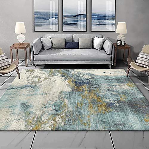 GUGJHFVH Teppich groß Wohnzimmer Indoor Teppich Schlafzimmer rutschfest Teppich Weich Carpet Pflegeleicht，Moderne abstrakte Tinte in Blau und Gelb，180 x 200 cm von GUGJHFVH