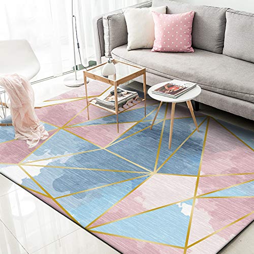 GUGJHFVH Teppich groß Wohnzimmer Indoor Teppich Schlafzimmer rutschfest Teppich Weich Carpet Pflegeleicht，blau-roségoldene Dreiecksgeometrie，180 x 200 cm von GUGJHFVH